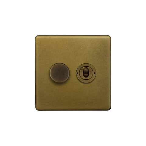 Screwless Old Brass 2 Gang Dimmer and Toggle Light Switch Combo (1x150W LED Dimmer 1x20A 2 Way Toggle) - SE Home