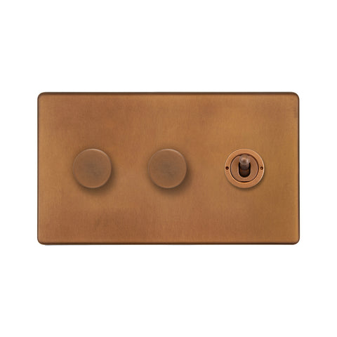 Screwless Antique Copper 3 Gang Switch with 2 Dimmers (2x150W LED Dimmer 1x20A 2 Way Toggle) - SE Home