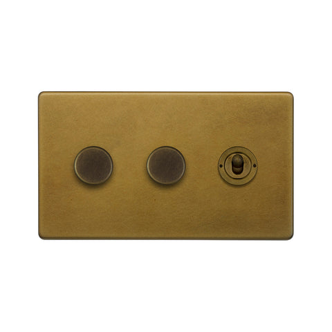 Screwless Old Brass 3 Gang Switch with 2 Dimmers (2x150W LED Dimmer 1x20A 2 Way Toggle)