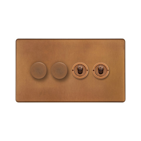 Screwless Antique Copper 4 Gang Switch with 2 Dimmers (2x150W LED Dimmer 2x20A 2 Way Toggle) - SE Home