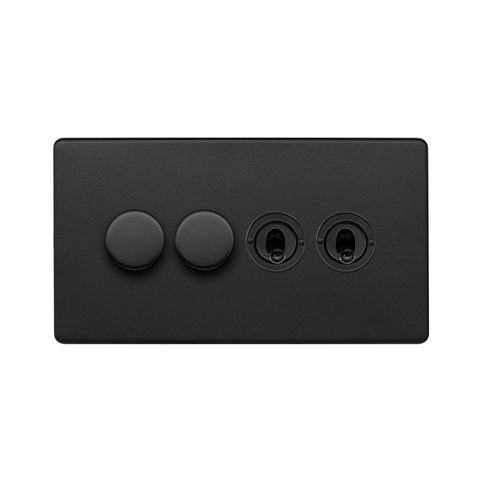Screwless Matt Black 4 Gang Switch with 2 Dimmers - SE Home
