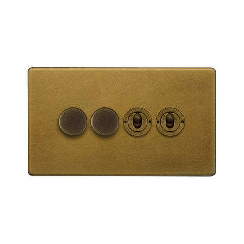 Screwless Old Brass 4 Gang Switch with 2 Dimmers (2x150W LED Dimmer 2x20A 2 Way Toggle) - SE Home