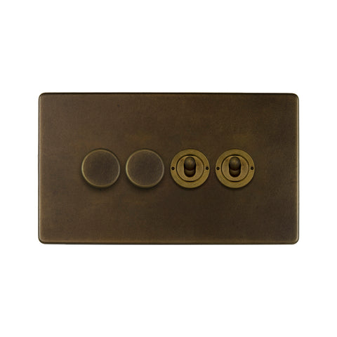 Screwless Vintage Brass 4 Gang Switch with 2 Dimmers (2x150W LED Dimmer 2x20A 2 Way Toggle)
