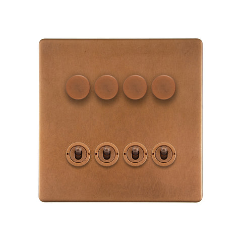 Screwless Antique Copper 8 Gang Dimmer & Toggle Combo 4x150W LED Dimmer 4x20A Toggle - SE Home