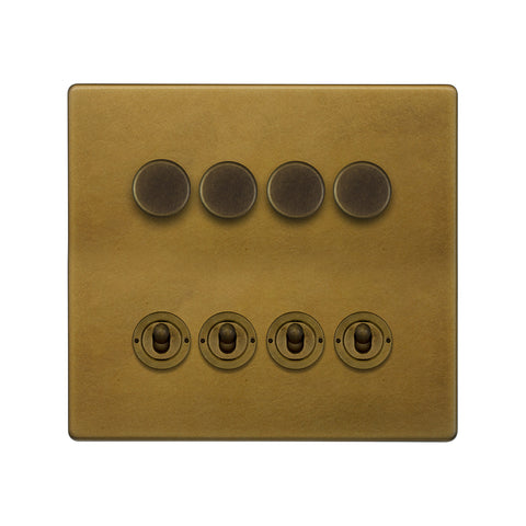 Screwless Old Brass 8 Gang Dimmer & Toggle Combo 4x150W LED Dimmer 4x20A Toggle - SE Home