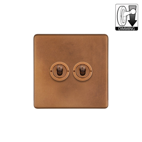 Screwless Antique Copper 2 Gang Dimming Toggle Light Switch - SE Home
