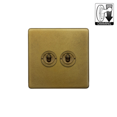 Screwless Old Brass 2 Gang Dimming Toggle Light Switch
