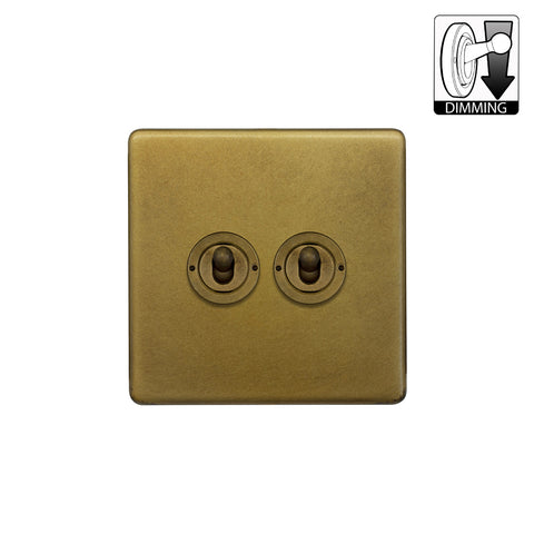 Screwless Old Brass 2 Gang Dimming Toggle Light Switch - SE Home