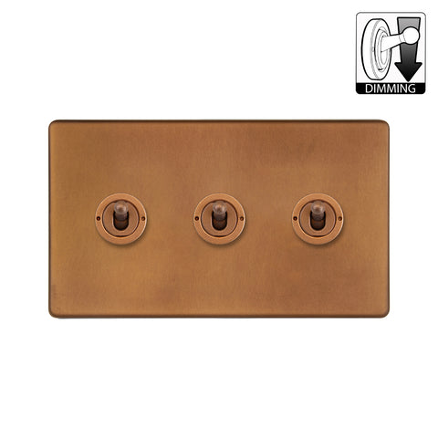 Screwless Antique Copper 3 Gang Dimming Toggle Light Switch