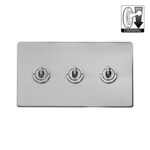 Screwless Brushed Chrome 3 Gang Dimming Toggle Light Switch - SE Home