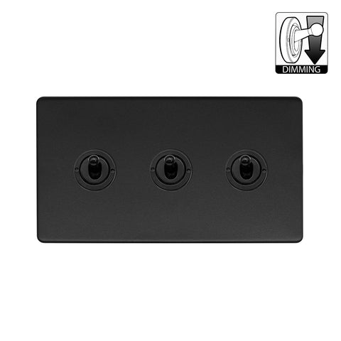 Screwless Matt Black 3 Gang Dimming Toggle Light Switch