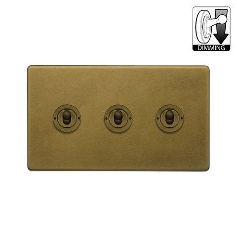 Screwless Old Brass 3 Gang Dimming Toggle Light Switch - SE Home
