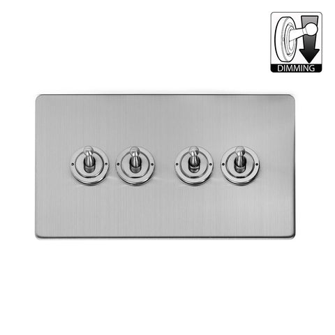 Screwless Brushed Chrome 4 Gang Dimming Toggle Light Switch - SE Home