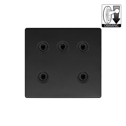 Screwless Matt Black 5 Gang Dimming Toggle Light Switch