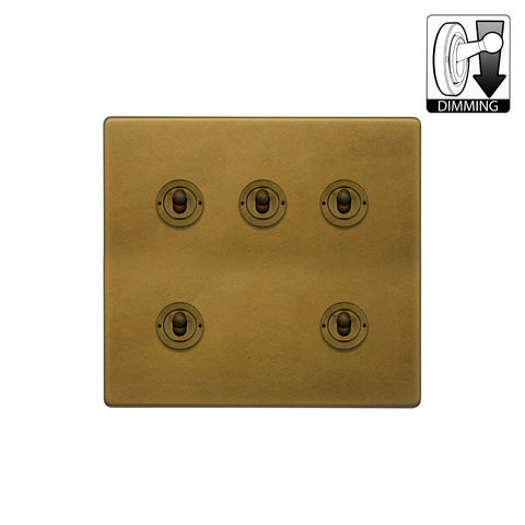 Screwless Old Brass 5 Gang Dimming Toggle Light Switch - SE Home