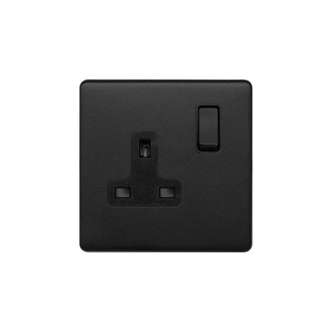 Screwless Matt Black 13A 1 Gang Switched Socket, DP  