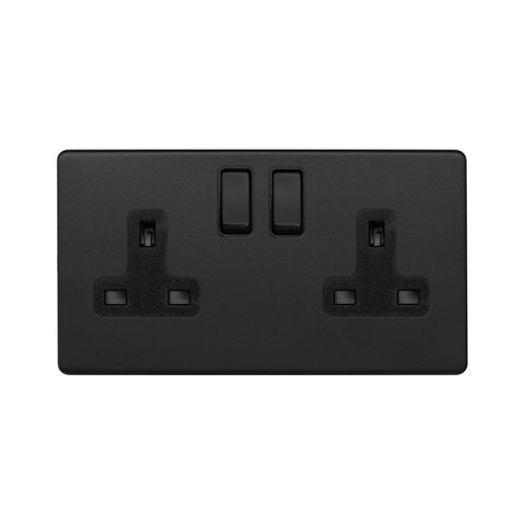 Screwless Matt Black 13A 2 Gang Switched Socket, DP  