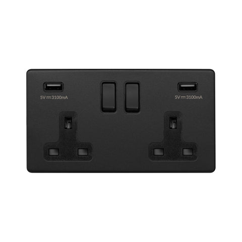 Screwless Matt Black 2 Gang 3.1 Amp USB Socket  