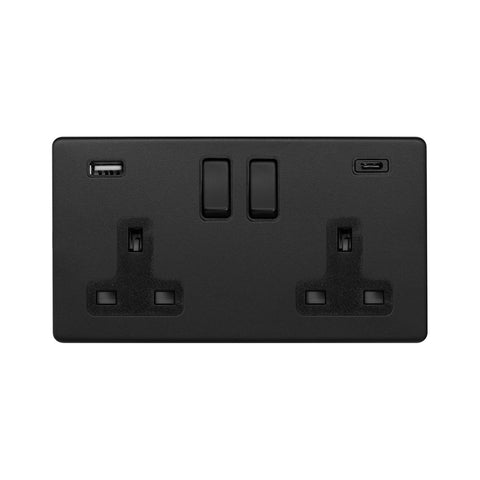 Screwless Matt Black 2 Gang USB  A&C Socket (13A Socket + 2 USB Ports A&C 3.1A)