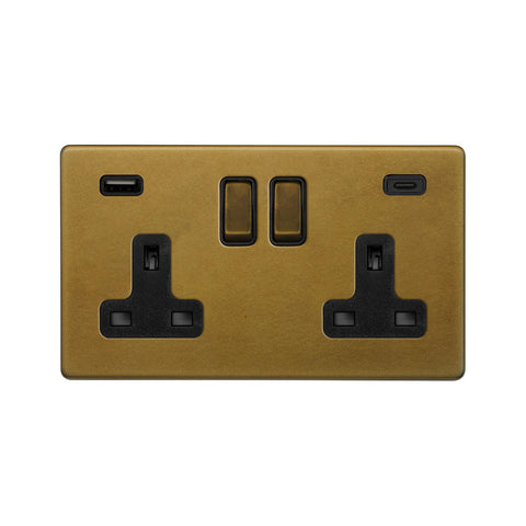 Screwless Old Brass 2 Gang USB A+C Plug Socket (13A Socket + 2 USB Ports A+C 3.1A)