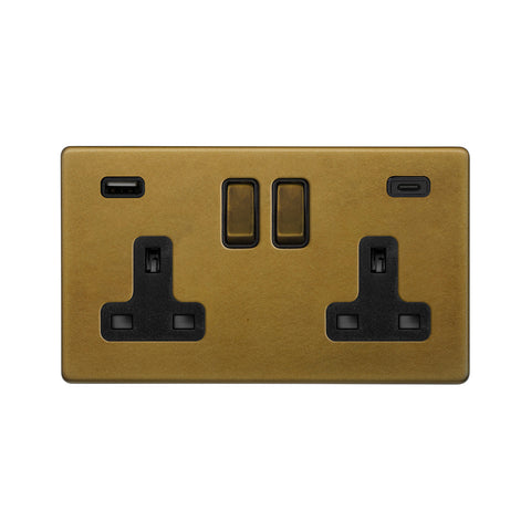 Screwless Old Brass 2 Gang USB A+C Plug Socket (13A Socket + 2 USB Ports A+C 3.1A) - SE Home