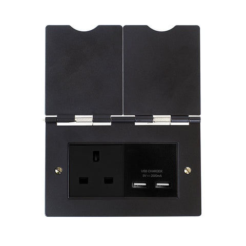 Screwless Matt Black  Double Floor Outlet 13Amp Socket & USB Charger