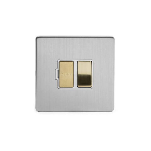Screwless Brushed Chrome and Brushed Brass - White Trim Screwless Fusion Brushed Chrome & Brushed Brass 13A Switched Fuse White Trim