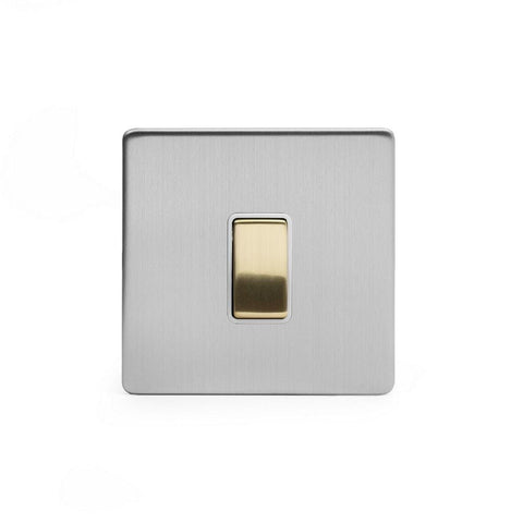 Screwless Brushed Chrome and Brushed Brass - White Trim Screwless Fusion Brushed Chrome & Brushed Brass 20A 1 Gang Double Pole Light Switch White Trim