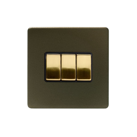 Screwless Fusion Bronze & Brushed Brass 10A 3 Gang 2 Way Light Switch Black Trim - SE Home
