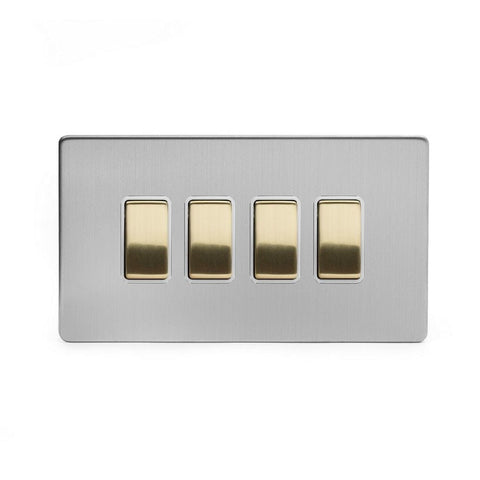 Screwless Brushed Chrome and Brushed Brass - White Trim Screwless Fusion Brushed Chrome & Brushed Brass 10A 4 Gang 2 Way Light Switch White Trim