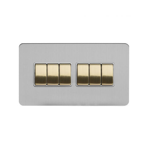 Screwless Fusion Brushed Chrome & Brushed Brass 10A 6 Gang 2 Way Light Switch White Trim - SE Home