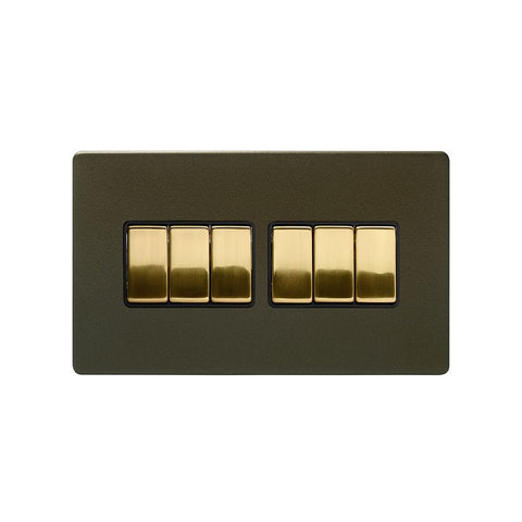 Screwless Fusion Bronze & Brushed Brass 10A 6 Gang 2 Way Light Switch Black Trim - SE Home