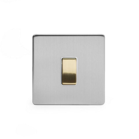 Screwless Fusion Brushed Chrome & Brushed Brass 20A 1 Gang Intermediate Light Switch White Trim - SE Home