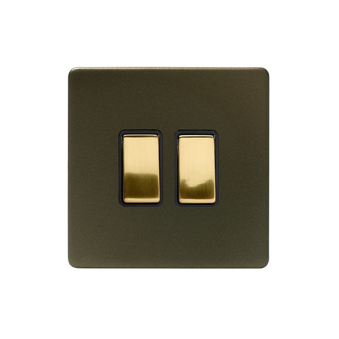 Screwless Fusion Bronze & Brushed Brass 10A 2 Gang Intermediate Light Switch Black Trim - SE Home