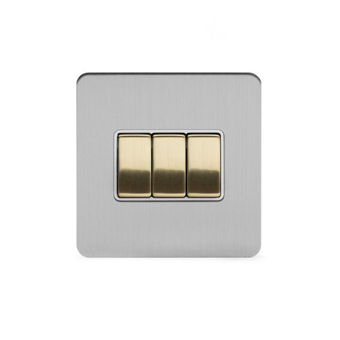 Screwless Brushed Chrome and Brushed Brass - White Trim Screwless Fusion Brushed Chrome & Brushed Brass 10A 3 Gang Intermediate Light Switch White Trim