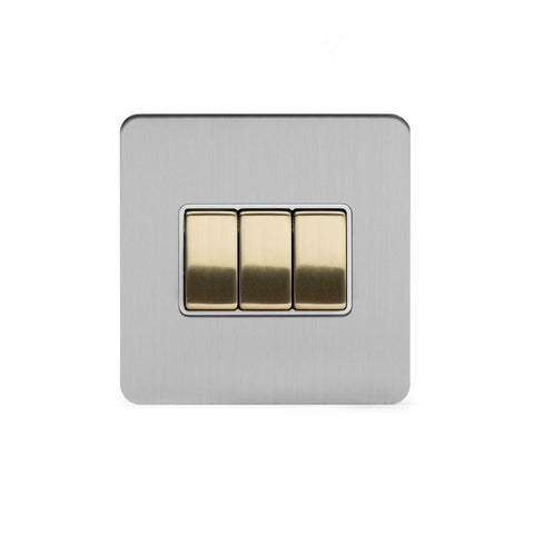 Screwless Fusion Brushed Chrome & Brushed Brass 10A 3 Gang Intermediate Light Switch White Trim - SE Home