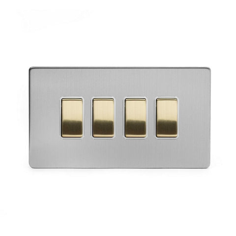 Screwless Fusion Brushed Chrome & Brushed Brass 10A 4 Gang Intermediate Light Switch White Trim - SE Home