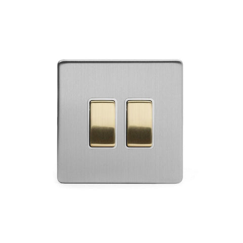 Screwless Fusion Brushed Chrome & Brushed Brass 1 Gang Intermediate Switch&10A 2 Gang 2 Way Light Switch White Trim - SE Home