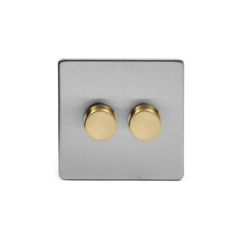 Screwless Brushed Chrome and Brushed Brass - White Trim Screwless Fusion Brushed Chrome & Brushed Brass 250W 2 Gang 2 Way Trailing Dimmer White Trim