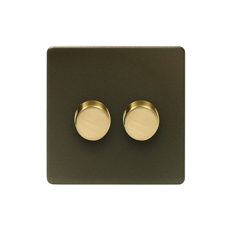 Screwless Bronze and Brushed Brass - Black Trim Screwless Fusion Bronze & Brushed Brass 250W 2 Gang 2 Way Trailing Dimmer Black Trim