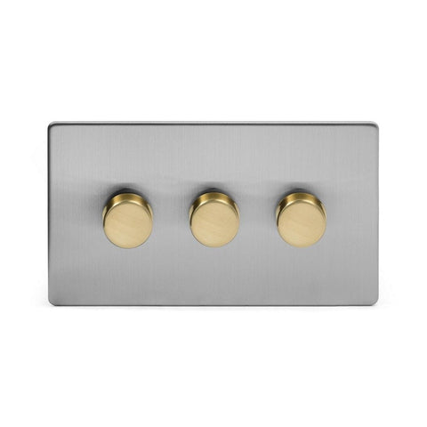Screwless Brushed Chrome and Brushed Brass - White Trim Screwless Fusion Brushed Chrome & Brushed Brass 250W 3 Gang 2 Way Trailing Dimmer White Trim