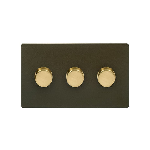 Screwless Bronze and Brushed Brass - Black Trim Screwless Fusion Bronze & Brushed Brass 250W 3 Gang 2 Way Trailing Dimmer Black Trim