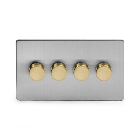 Screwless Brushed Chrome and Brushed Brass - White Trim Screwless Fusion Brushed Chrome & Brushed Brass 250W 4 Gang 2 Way Trailing Dimmer White Trim