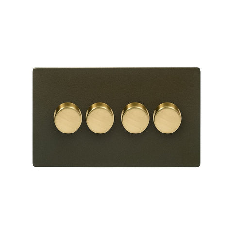 Screwless Bronze and Brushed Brass - Black Trim Screwless Fusion Bronze & Brushed Brass 250W 4 Gang 2 Way Trailing Dimmer Black Trim