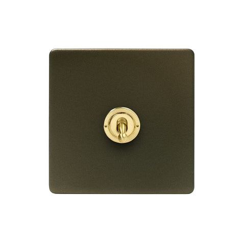 Screwless Bronze and Brushed Brass - Black Trim Screwless Fusion Bronze & Brushed Brass 20A 1 Gang 2 Way Toggle Light Switch Black Trim