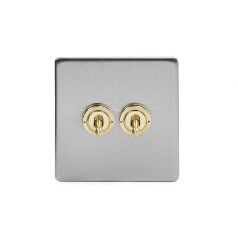 Screwless Brushed Chrome and Brushed Brass - White Trim Screwless Fusion Brushed Chrome & Brushed Brass 20A 2 Gang 2 Way Toggle Light Switch White Trim