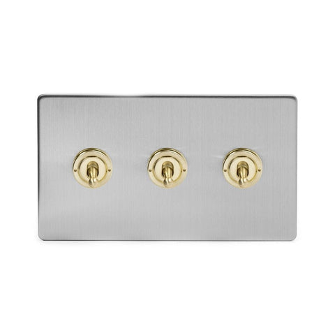 Screwless Brushed Chrome and Brushed Brass - White Trim Screwless Fusion Brushed Chrome & Brushed Brass 20A 3 Gang 2 Way Toggle Light Switch White Trim