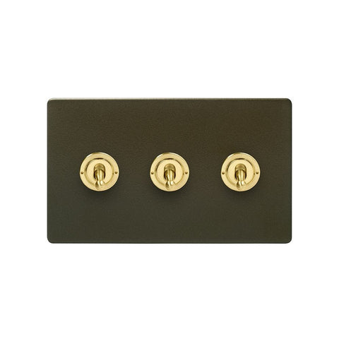 Screwless Bronze and Brushed Brass - Black Trim Screwless Fusion Bronze & Brushed Brass 20A 3 Gang 2 Way Toggle Light Switch  Black Trim