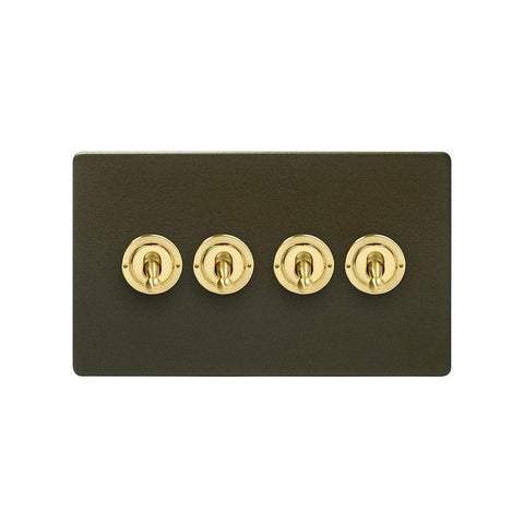 Screwless Bronze and Brushed Brass - Black Trim Screwless Fusion Bronze & Brushed Brass 20A 4 Gang 2 Way Toggle Light Switch Black Trim