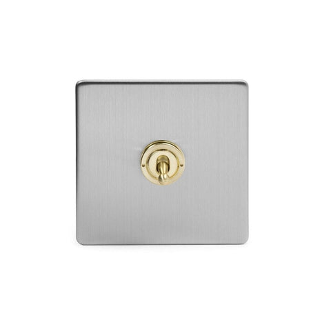 Screwless Fusion Brushed Chrome & Brushed Brass 20A 1 Gang Intermediate Toggle Light Switch White Trim - SE Home